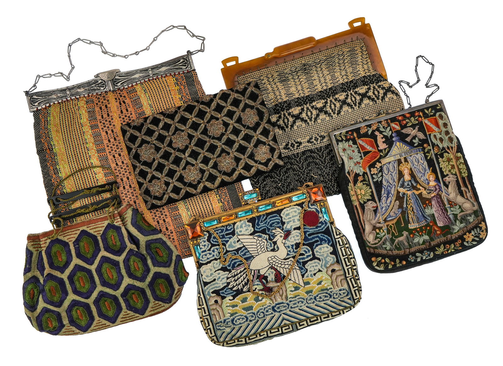 6 Art Deco Handbags: 6 Art Deco era handbags including 11" long geometric polychrome fabric with a silvered 4 hing clasped top. Carmel bakelite clasp bag. Baroque needle point scenic bag. Japanese silk handbag with crane