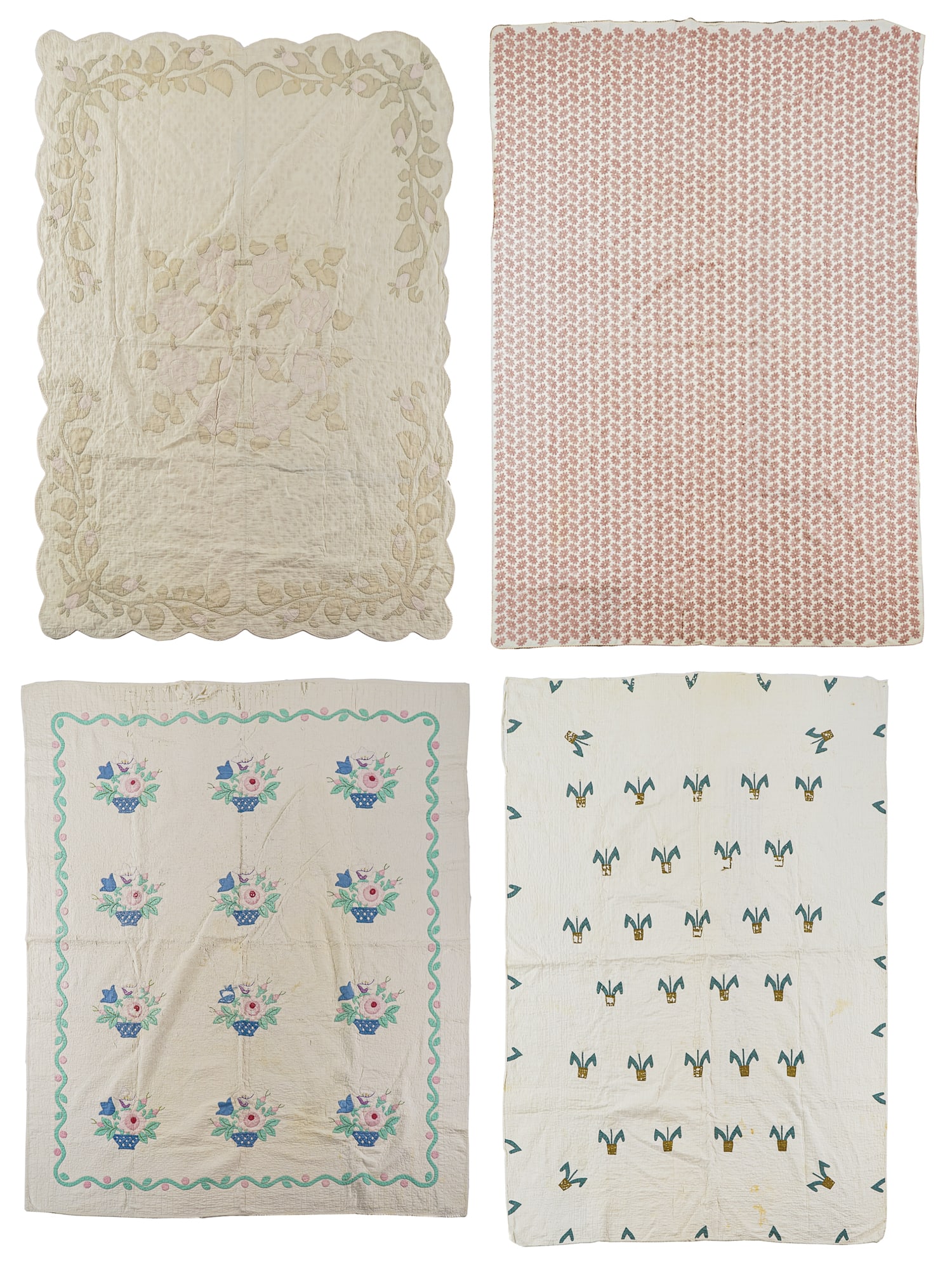 4 Quilts & Spreads: A group of 4 bed coverings including a 19th c acanthus boarder applique cream on white. A quilt with flower baskets, and two others.