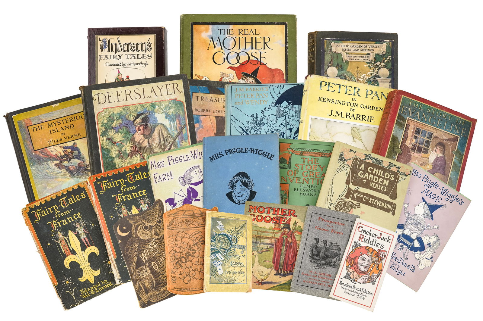 Collection of 19th. & 20th c Youth Books: A collection of 18 youth books and 5 pamphlets from the late 19th c and early 20th c. Illustrated including The Real Mother Goose, A Child's Garden of Verses, The Mysterious Island by Jules Verne,