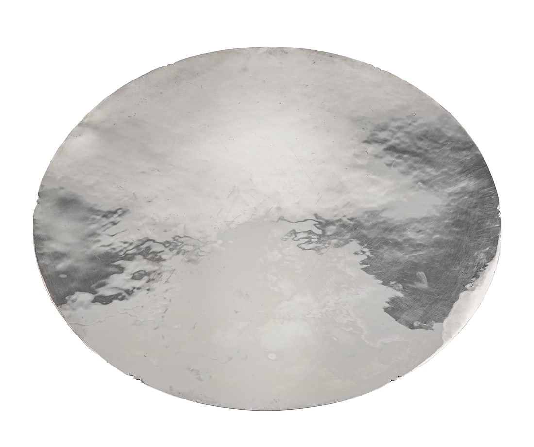 Dirk Van Erp Silvered Hammered Tray: Dirk Van Erp silvered hammered copper tray, windmill mark San Francisco, diameter 15", light scratches, slight wear with copper showing through, small dent