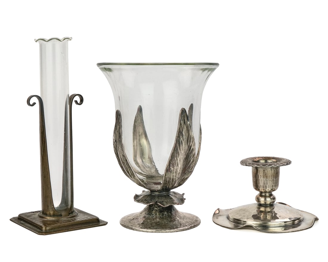 Roycroft Silvered Vase, Candlestick, Bud Vase: Roycroft silvered vase with glass liner, silvered low candlestick, and test tube vase, mid to late Roycroft orbs, hts 2" to 6 1/2" overall