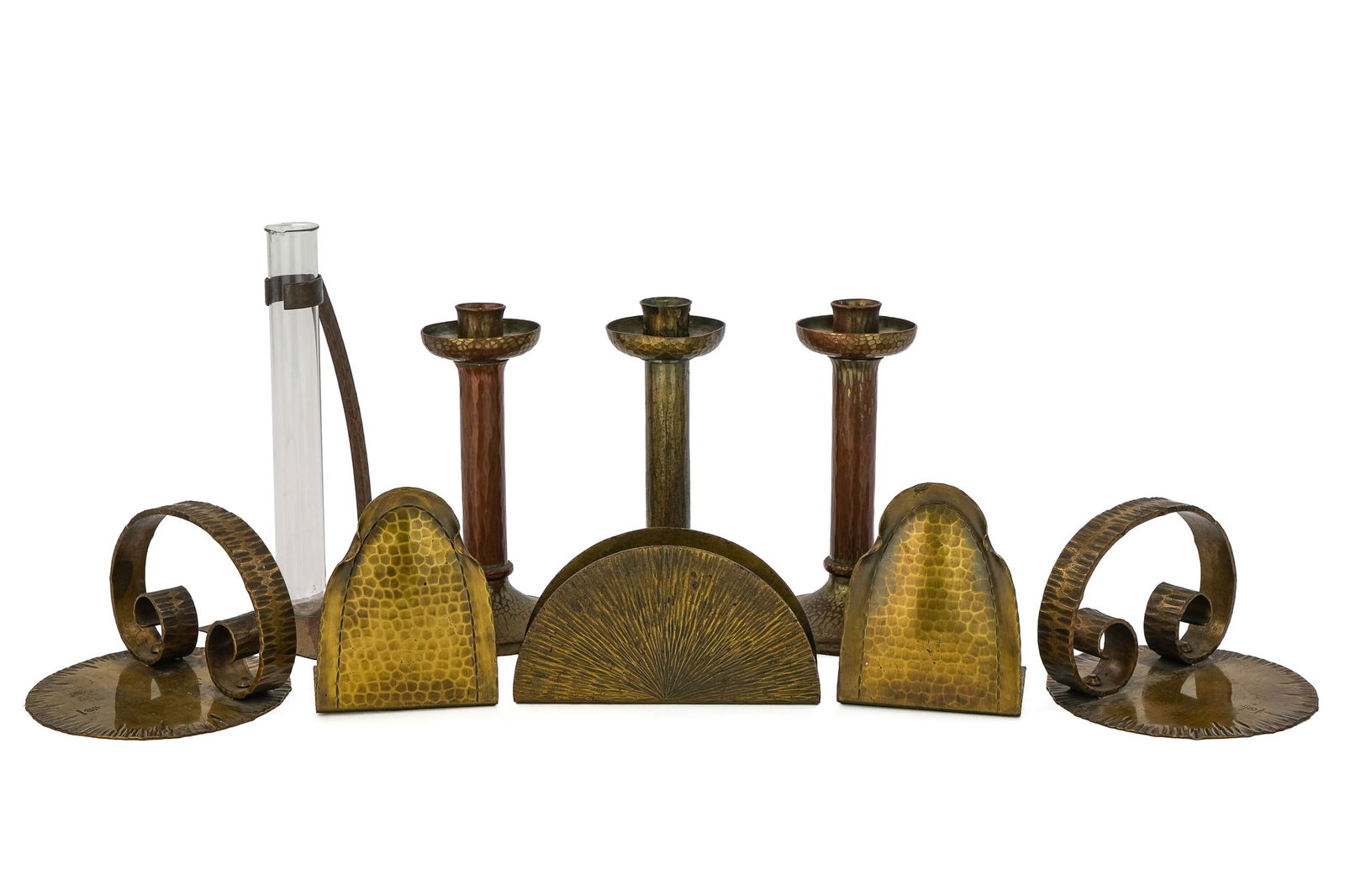 Roycroft Brass Candlesticks, Bookends, Bud Vase: Roycroft Arts & Crafts brass candlesticks, bookends, bud vase, envelope holder (9 pcs), East Aurora, NY, all signed with Roycroft orbs, hts 3" to 8"
