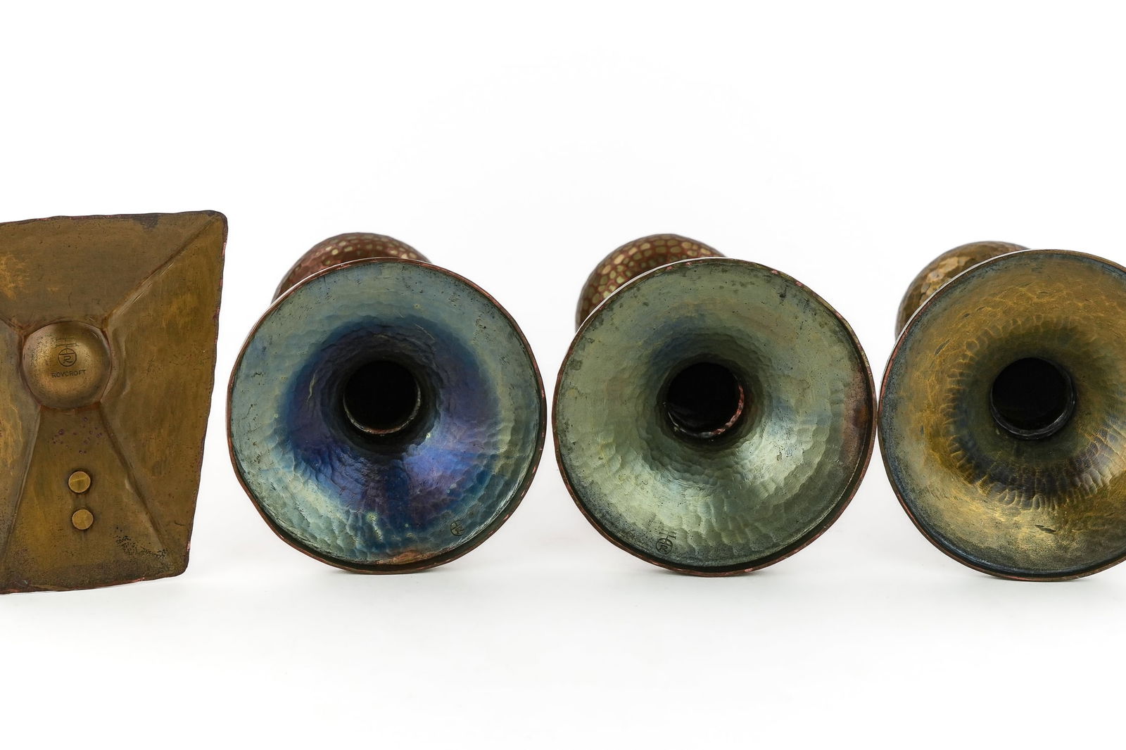 Roycroft Brass Candlesticks, Bookends, Bud Vase - 6