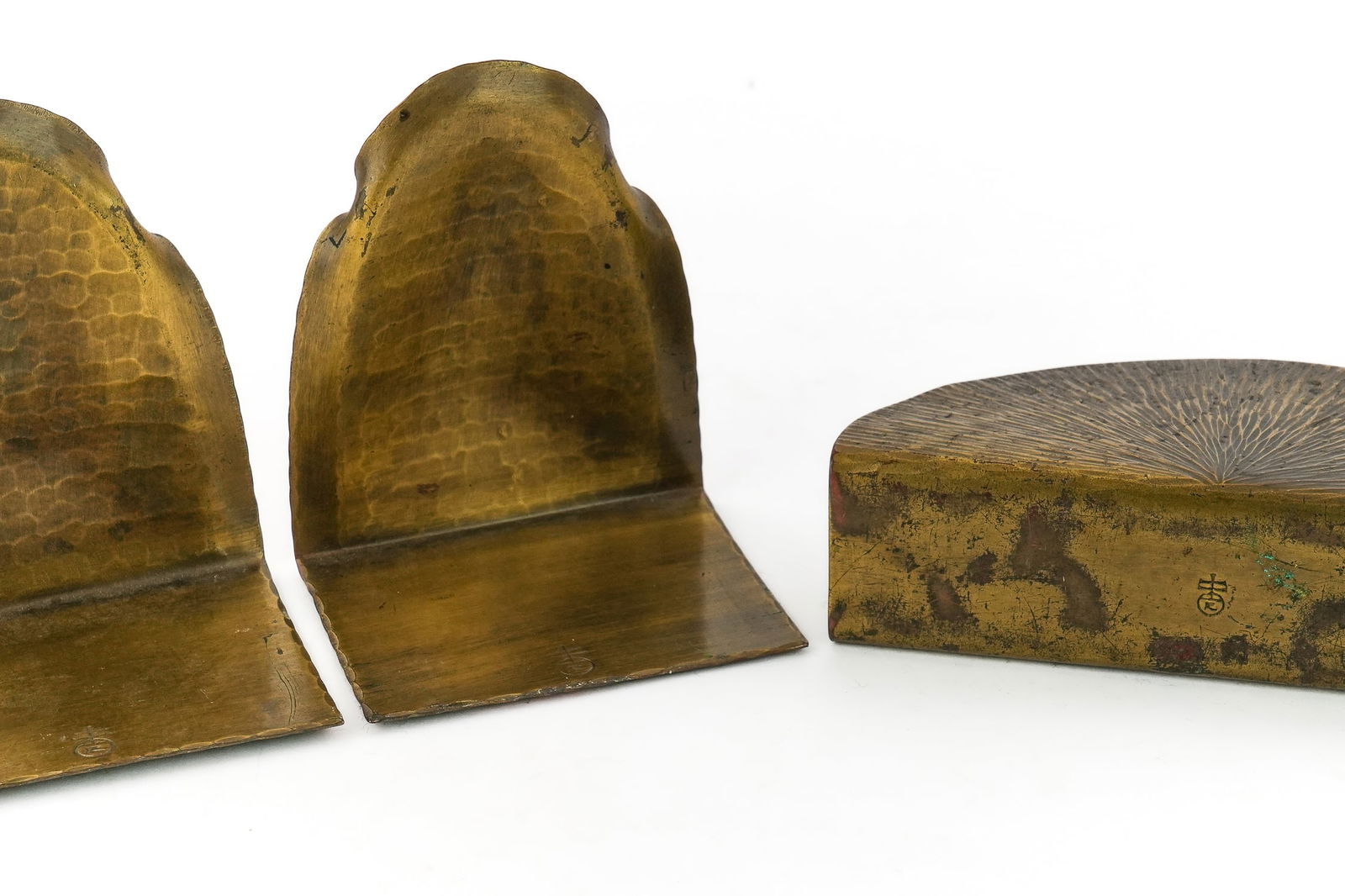 Roycroft Brass Candlesticks, Bookends, Bud Vase - 8