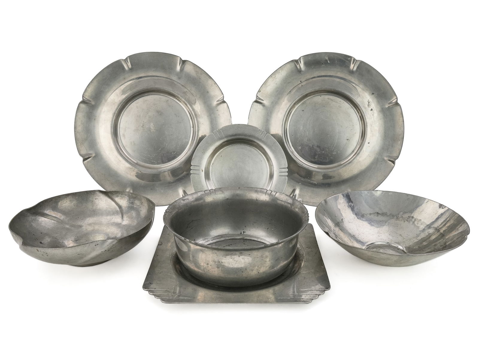 Karl Kipp Hand Wrought Pewter: Karl Kipp Arts & Crafts East Aurora, NY hand-wrought pewter (6 pcs), sold with a Winfield Hartranft swirled bowl, diameters 5 1/2" to 9 1/4"