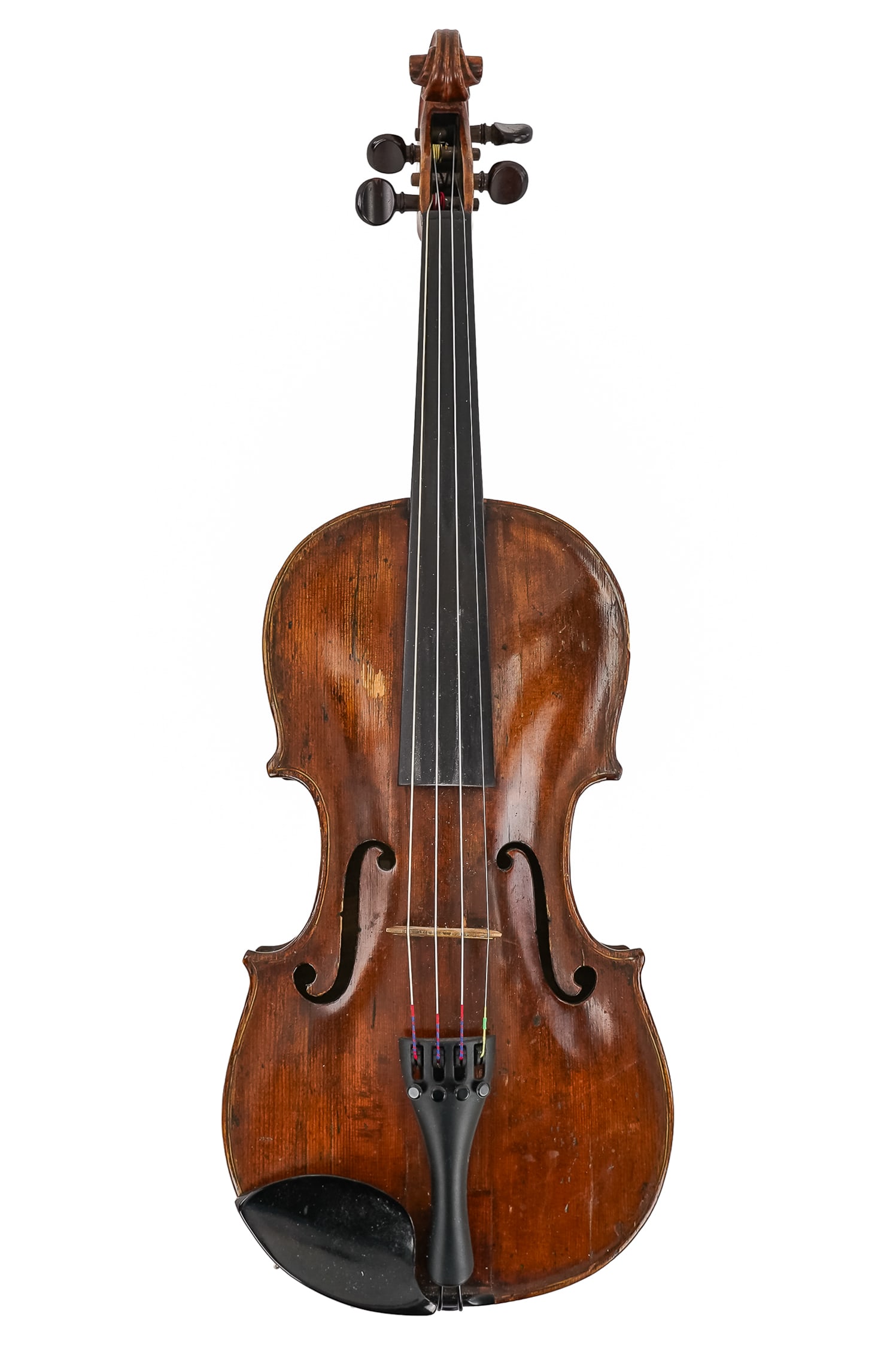 Early 20th c Jansen Miller Violin: Early 20th c attributed Samuel Jansen Miller (1884-1931 Dryden, NY) 4/4 violin, not signed, two piece tiger maple back, old label inside "repaired by Conrad Schmidt, NYC, NY", body length 14',