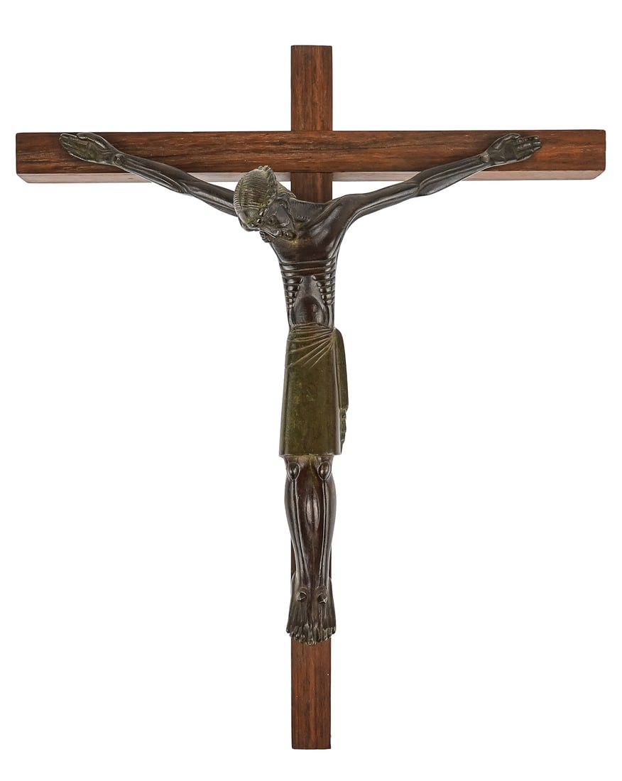Lambert Rucki Bronze Crucifix: Jean Lambert-Rucki (1888-1967) patinated bronze crucifix, signed, excellent condition, bronze ht 8", overall ht 12"