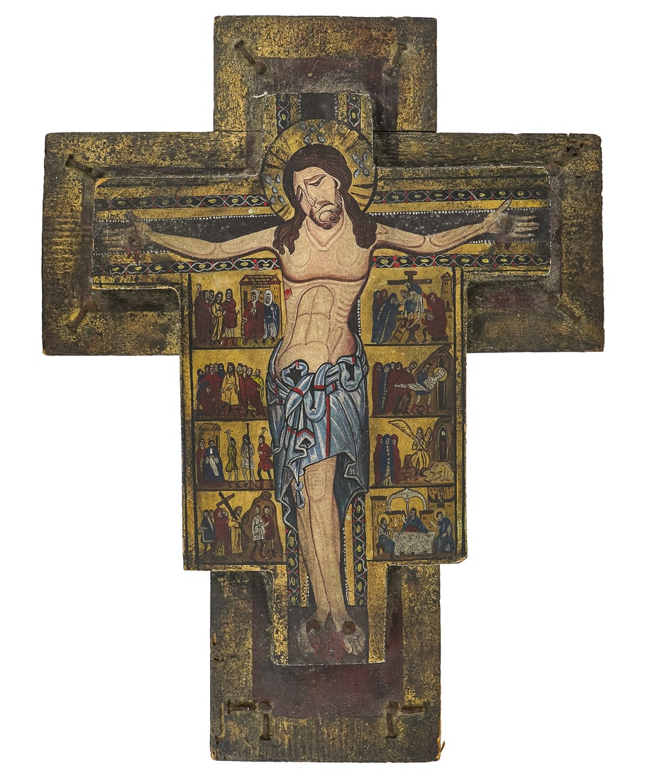 Late 20th c Lucchese School Crucifix: Late 20th c Italian Lucchese school copy of the 1240-1245 Crucifix with scenes from Calvary, the original held at the Uffizi Gallery, 19 1/2"x 15" , with partial label on reverse