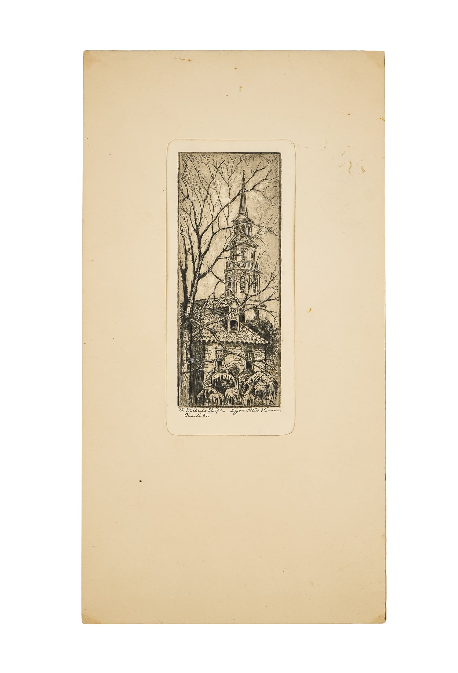 Elizabeth O'Neil Verner (SC 1883-1979) St. Michael's Steeple Charleston: Elizabeth O'Neil Verner (South Carolina 1883-1979) St.Michael's Steeple Charleston -drypoint on paper signed and identified lower margin plate 5 1/8 x 2 1/8" sheet 7 x 3 5/8" Verner was an artist, tea