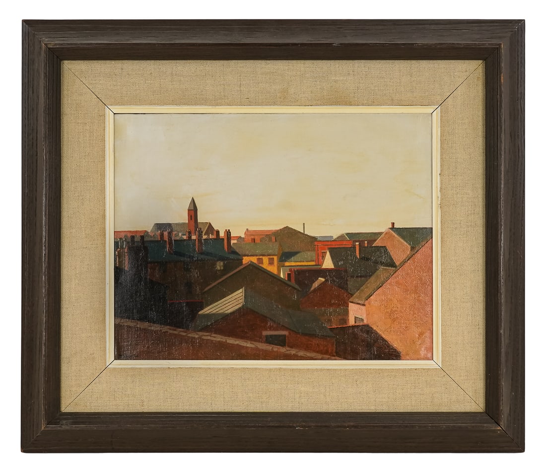 Joseph Jeffers Dodge (AM 1917-1977) Rooftops: Joseph Jeffers Dodge (American 1917-1977) Rooftop- oil on canvas 10 x 13" 17.5 x 20.5 as framed Dodge had always drawn as a child. His art history notes at Harvard were enlivened by detailed and