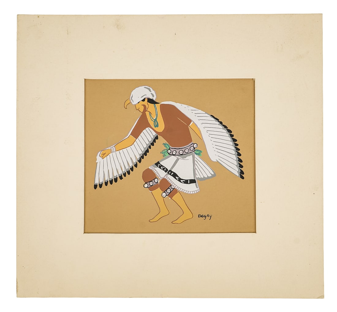 Harrison Begay (Dine/ Navajo 1917-2012) Eagle Dancer: Harrison Begay (Dine/Navajo 1917-2012) Eagle Dancer serigraph on paper Published by Tewa Enterprises Santa Fe Sheet 7 x 7" mat 9.5 x 10.5" - Begay, also known as Haashké yah Níyá (meaning "Warrior