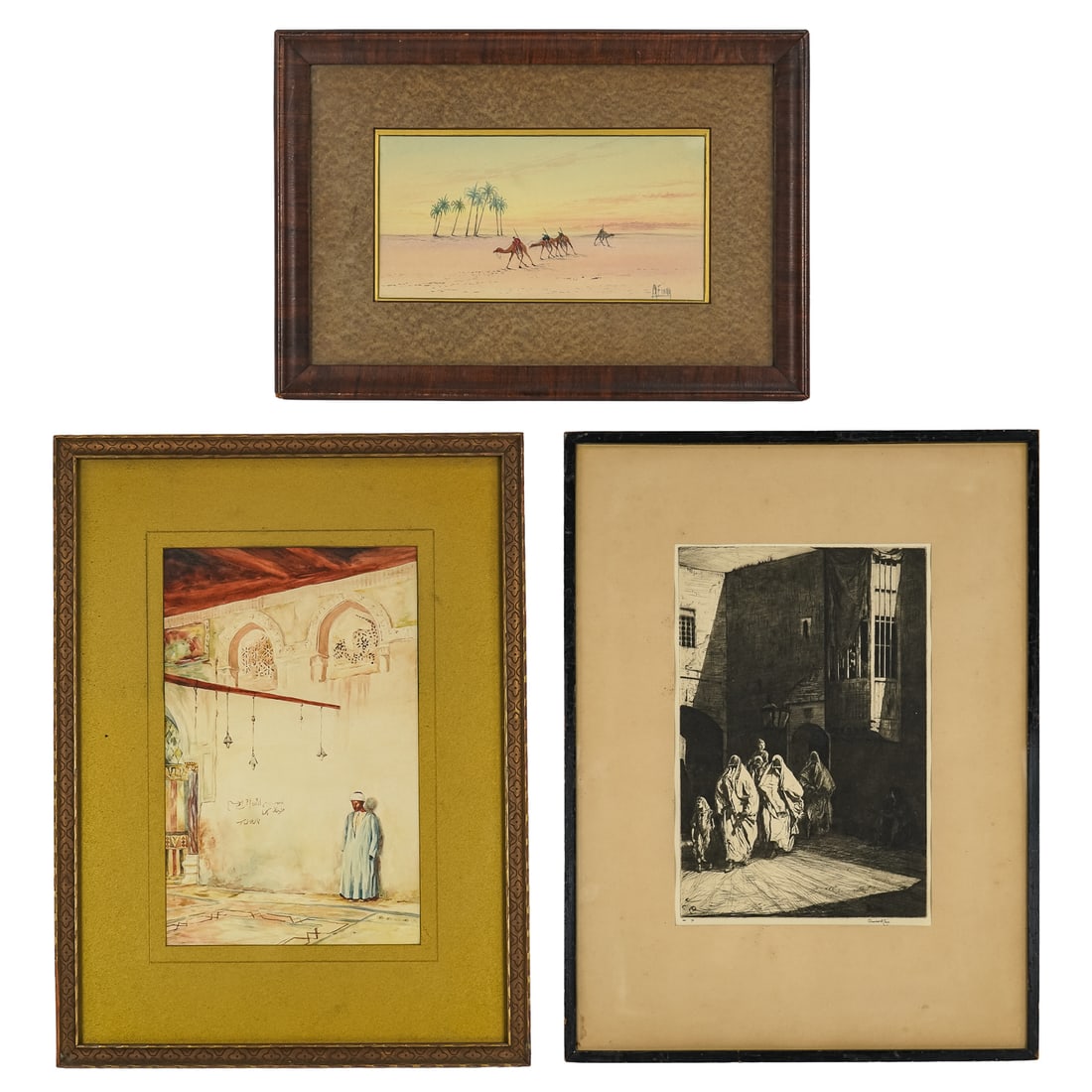 Three Orientalist Prints and paintings: Three late 19th/early 20th c orientalist prints and paintings, Watercolor of camel riders signed M. Fiona, Unsigned interior watercolor with a man, Aquatint and engraving of bedouins from 10 x 15" to