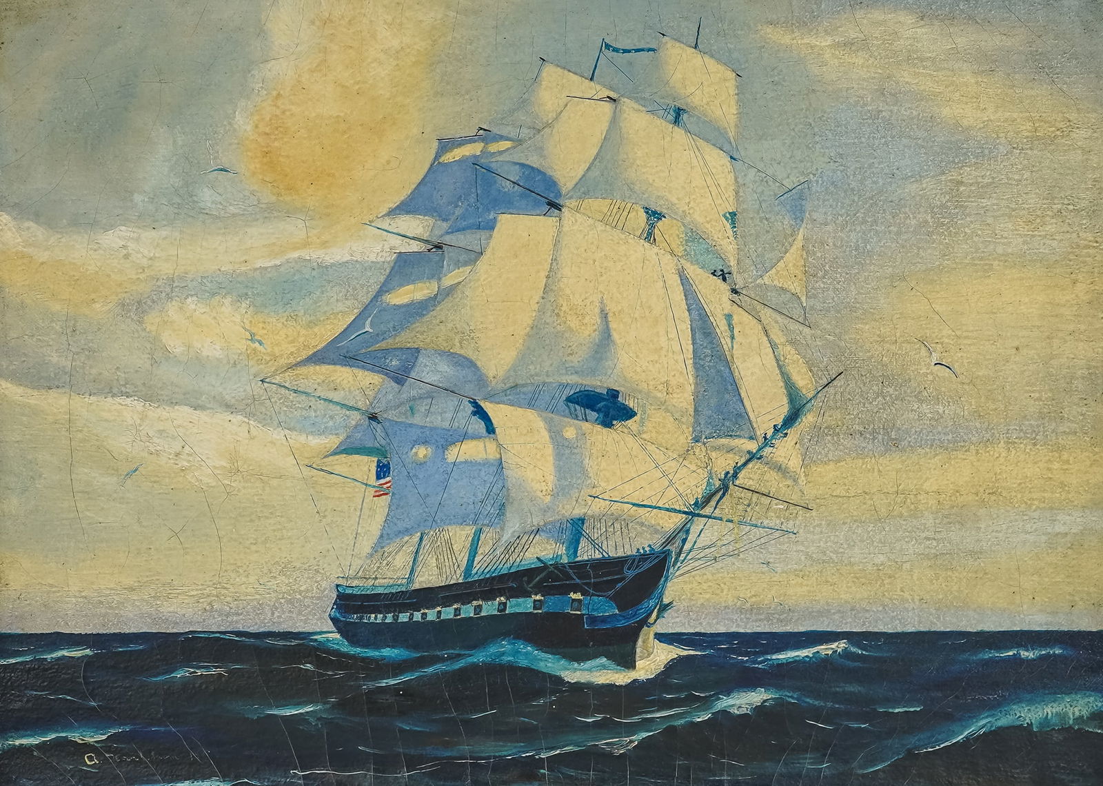 circa 1930 Seascape with Clipper Ship - 2