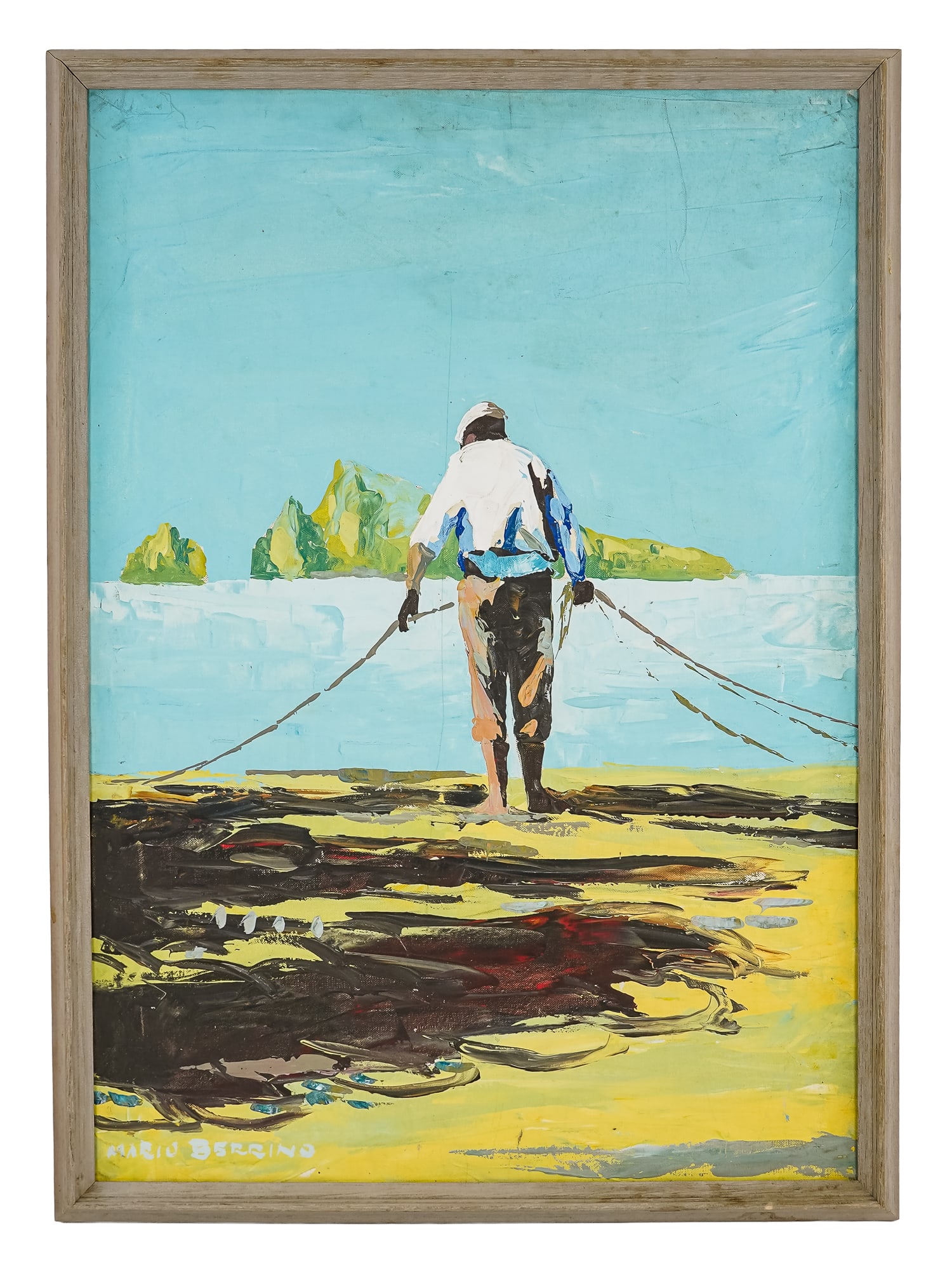 Mario Berrino (IT 1920-2011) Fisherman: Mario Berrino (Italian 1920-2011) Fisherman oil on canvas signed lower left 28 x 20" - Boats, fishermen, ports and life by the seaside are frequent subjects of Berrino's art. In this piece, a