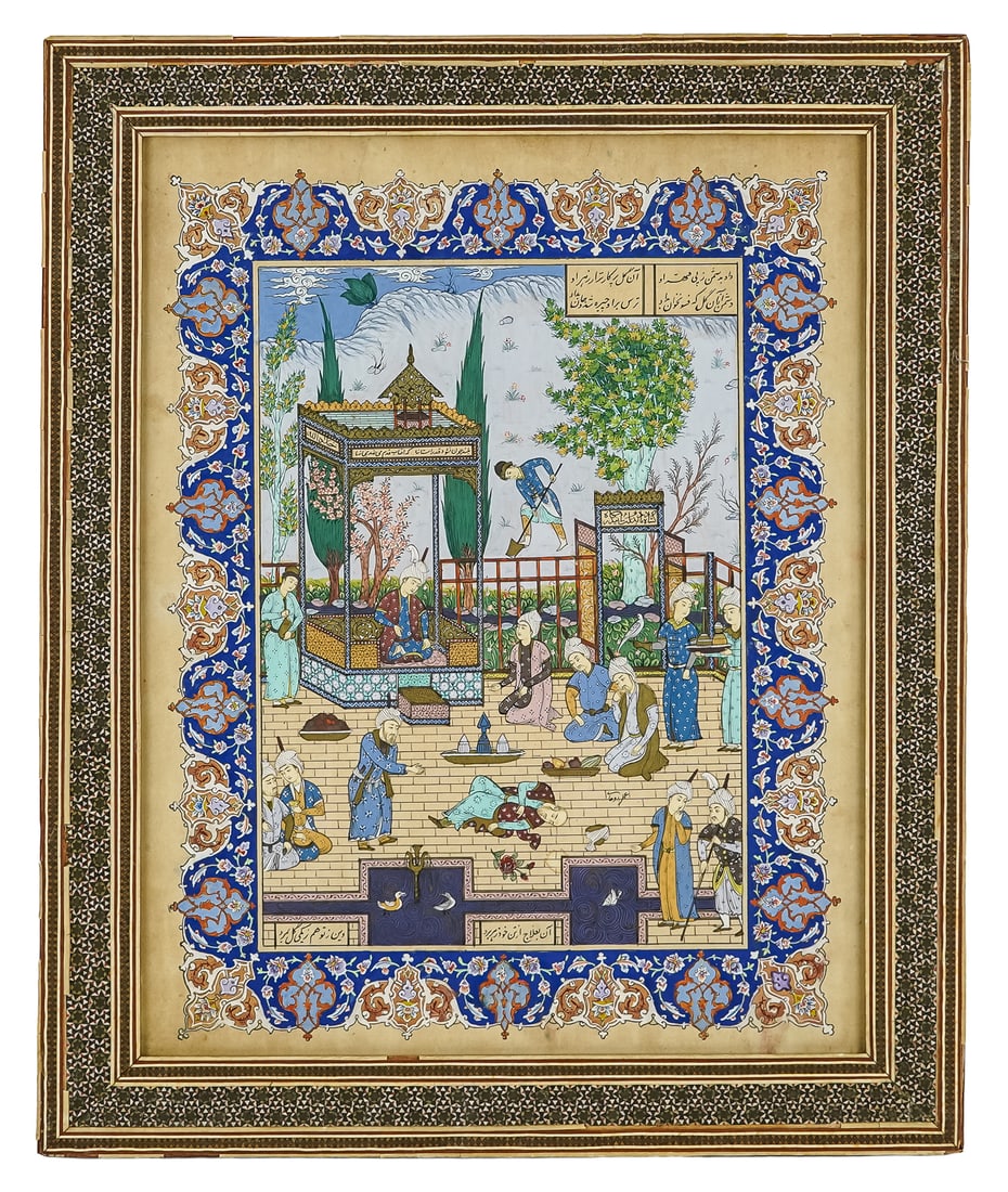 Persian "Miniature" court painting: 19th c Persian "Miniature" gouache on paper court painting. in elaborate inlaid frame 17 x 15"