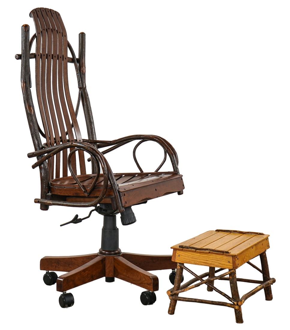 Adirondack Twig Office chair and stool: Contemporary Adirondack twig office chair and footstool, Bent hickory and birch, stool is hickory and ash -48 x 24 x 24" stool 10 x 15 x 11"