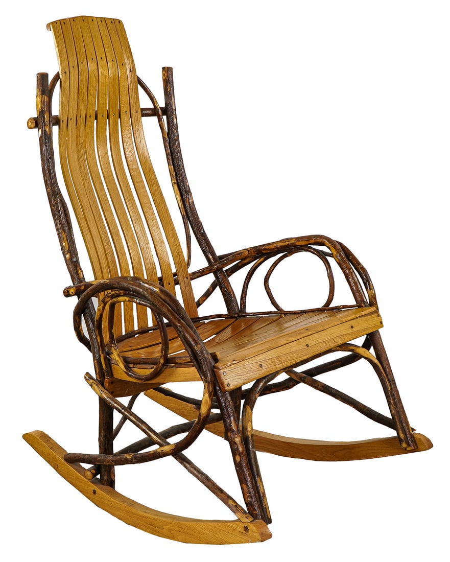 Adirondack Twig rocking chair: Contemporary Adirondack twig rocking chair bent hickory and ash slat construction 42 x 32 x 24"