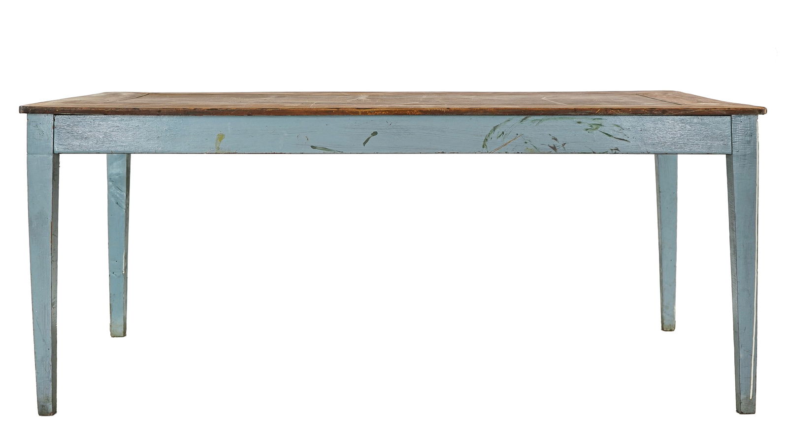 Contemporary Farm Table: Contemporary farm table made of reclaimed woods, in a pleasant blue paint and patinated top. 30 x 74 x 37"