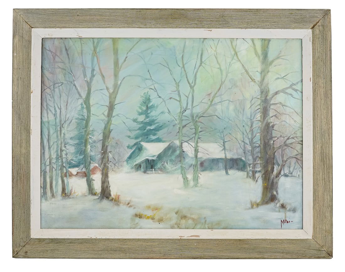 Mitzi Goward (VT 1930-2017) Blowing Snow- Vergennes: Mitzi Goward (Vermont 1930-1917) Blowing Snow- Vergennes Vermont oil on canvas 22 x 30" 29 x 36' as framed. Goward was a resident of Panton Vermont, and is known for her expressive landscapes, she