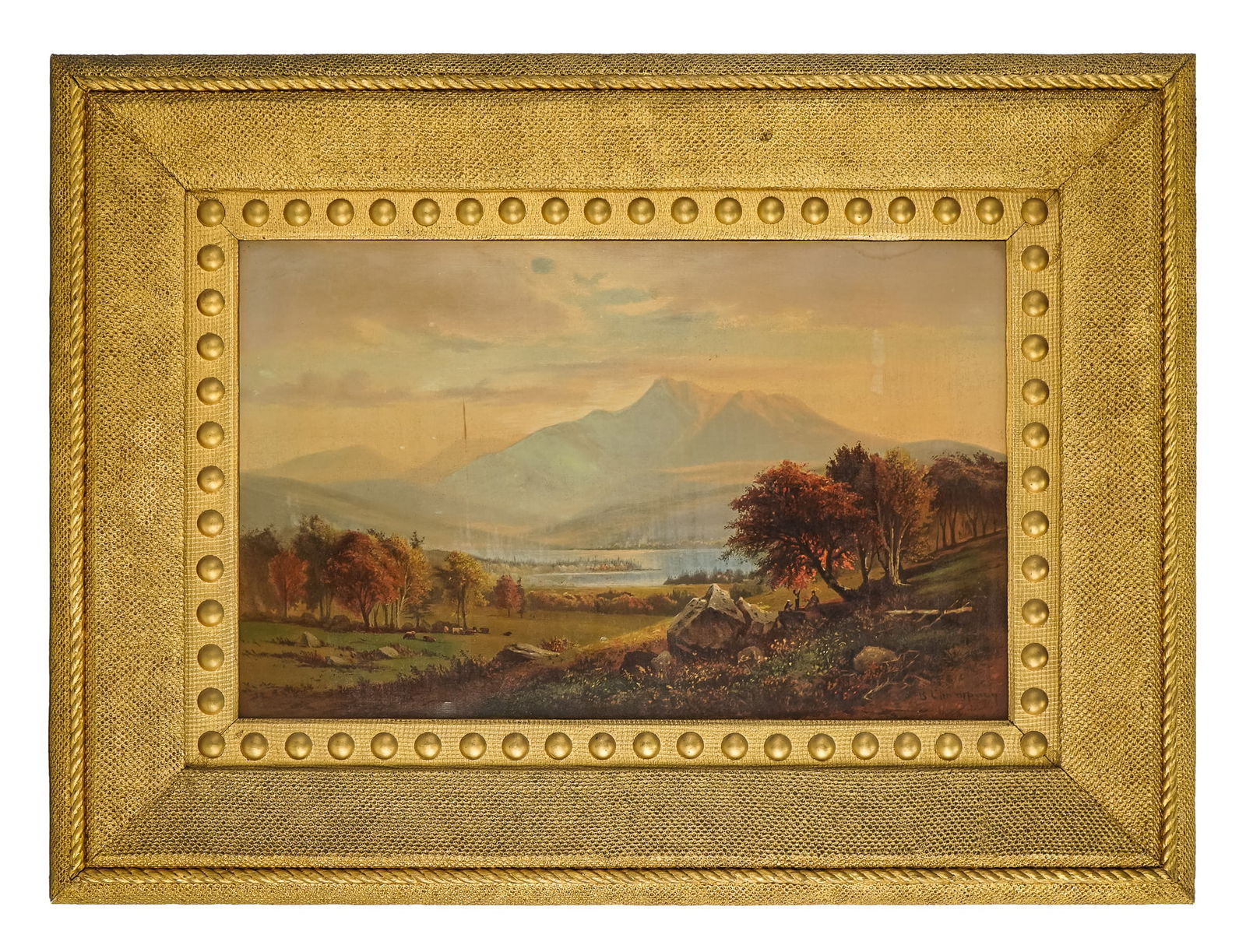 Prang Art Litho after Benjamin Champney (1817-1907): Prang Art Litho company- Chromolithograph on canvas after Benjamin Champney (American 1817-1907) Mount Chocorua in elaborate gilt frame- 15 x 25" 27 x 36" as framed. Champney is synonymous with White