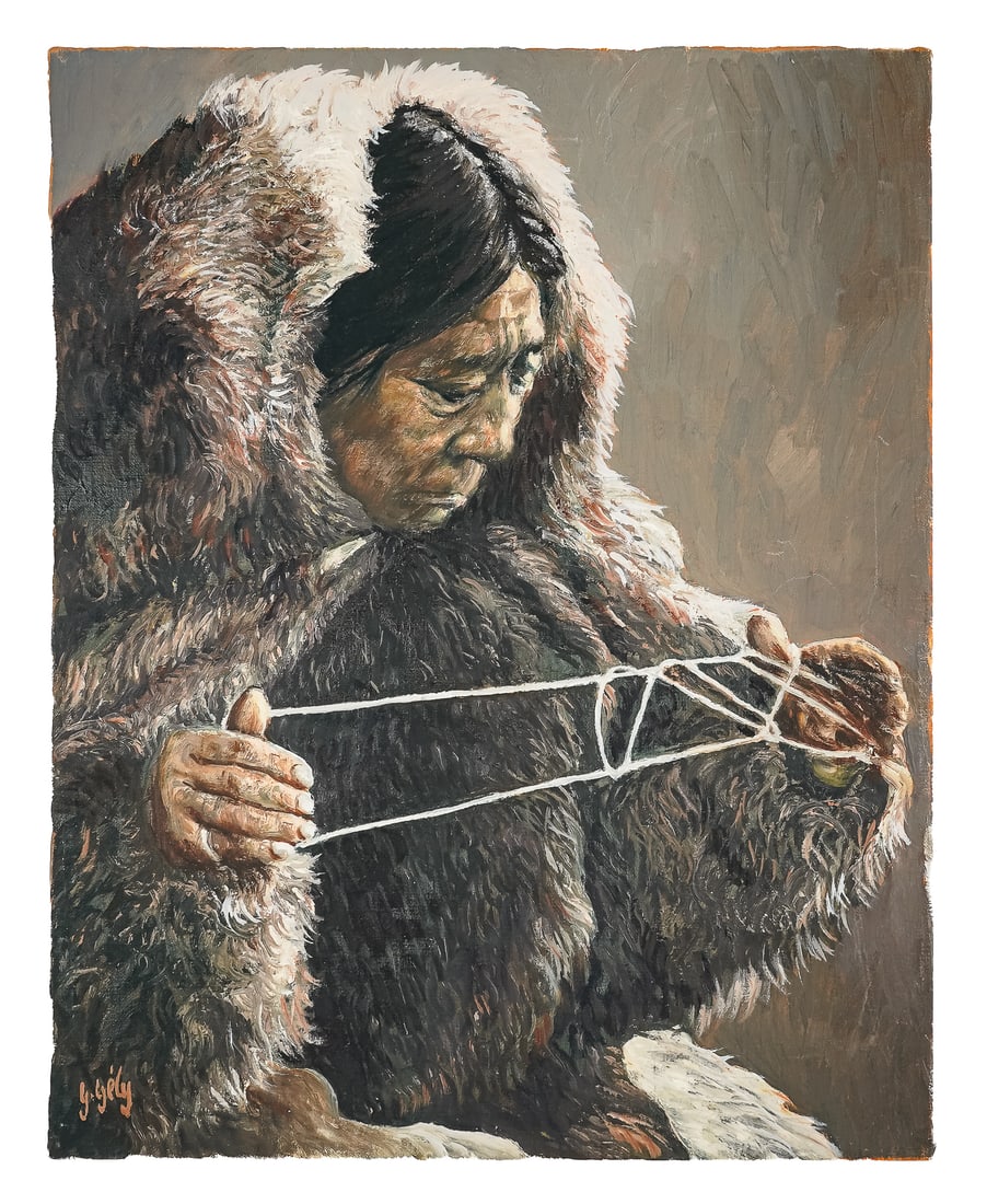 Gabriel Gely (CA 1924-2020) Inuit man working line: Gabriel Gely (Canadian 1924-2020) Inuit Man working line oil on canvas 20 x 16" unframed. Gely is one of the few remaining white men who has lived for extended periods with Inuit (Eskimos) when they w