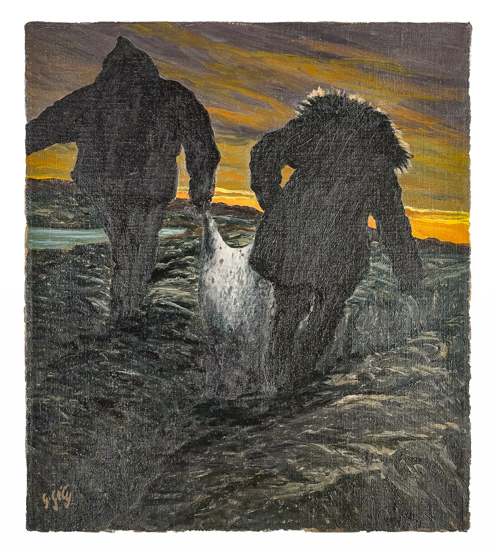 Gabriel Gely (CA 1924-2020) Keewatin return from the hunt: Gabriel Gely (Canadian 1924-2020) Keewatin return from the seal hunt- 16 x 14" unframed. Gely is one of the few remaining white men who has lived for extended periods with Inuit (Eskimos) when they we