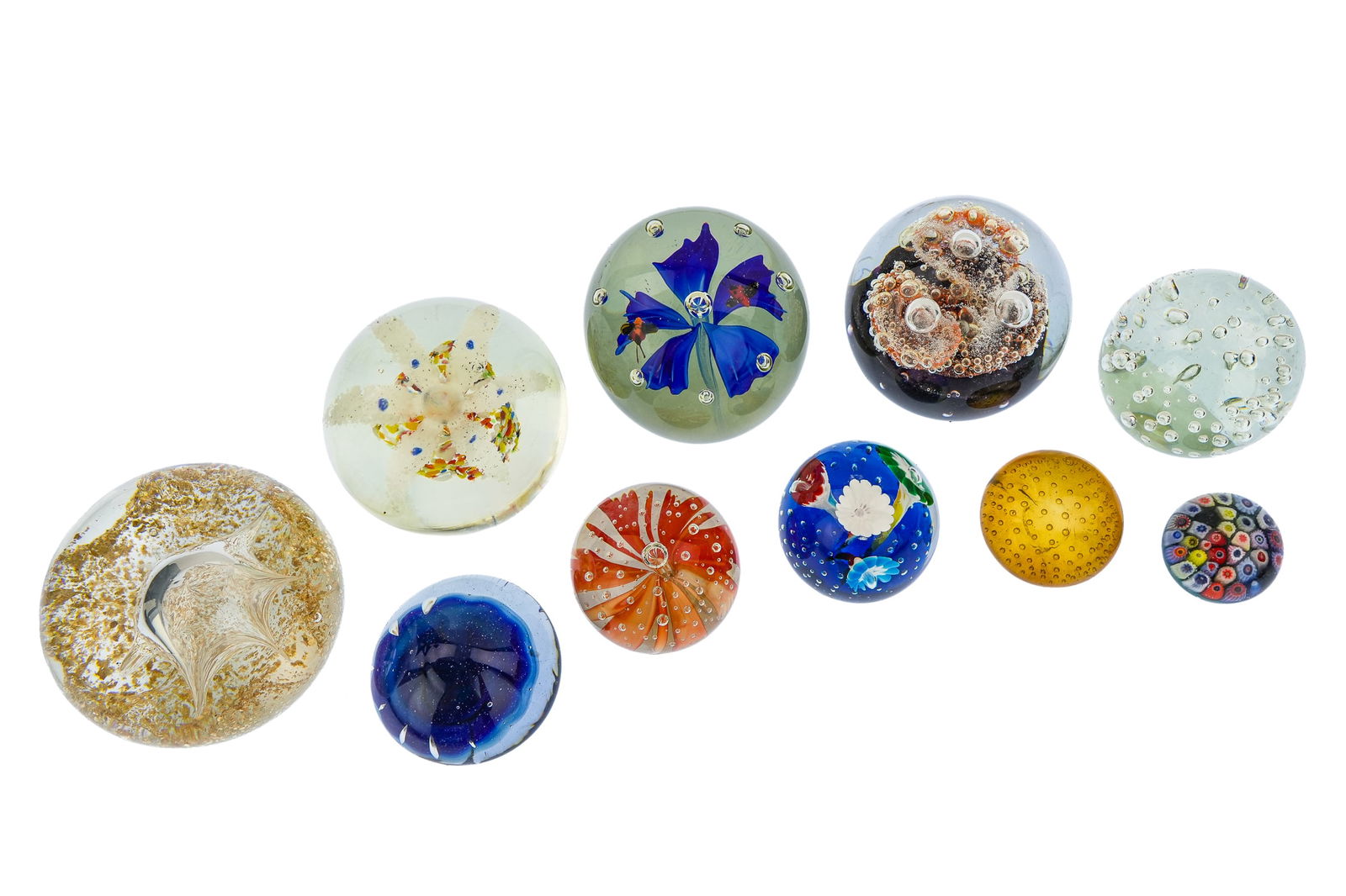 Collection of Glass Paperweights incl. Caithness: Collection of 10 art glass paperweights including signed Caithness Scotland, Strathearn, Murano bullicante, gold fleck, millefiori, etc. 1.5"-4"