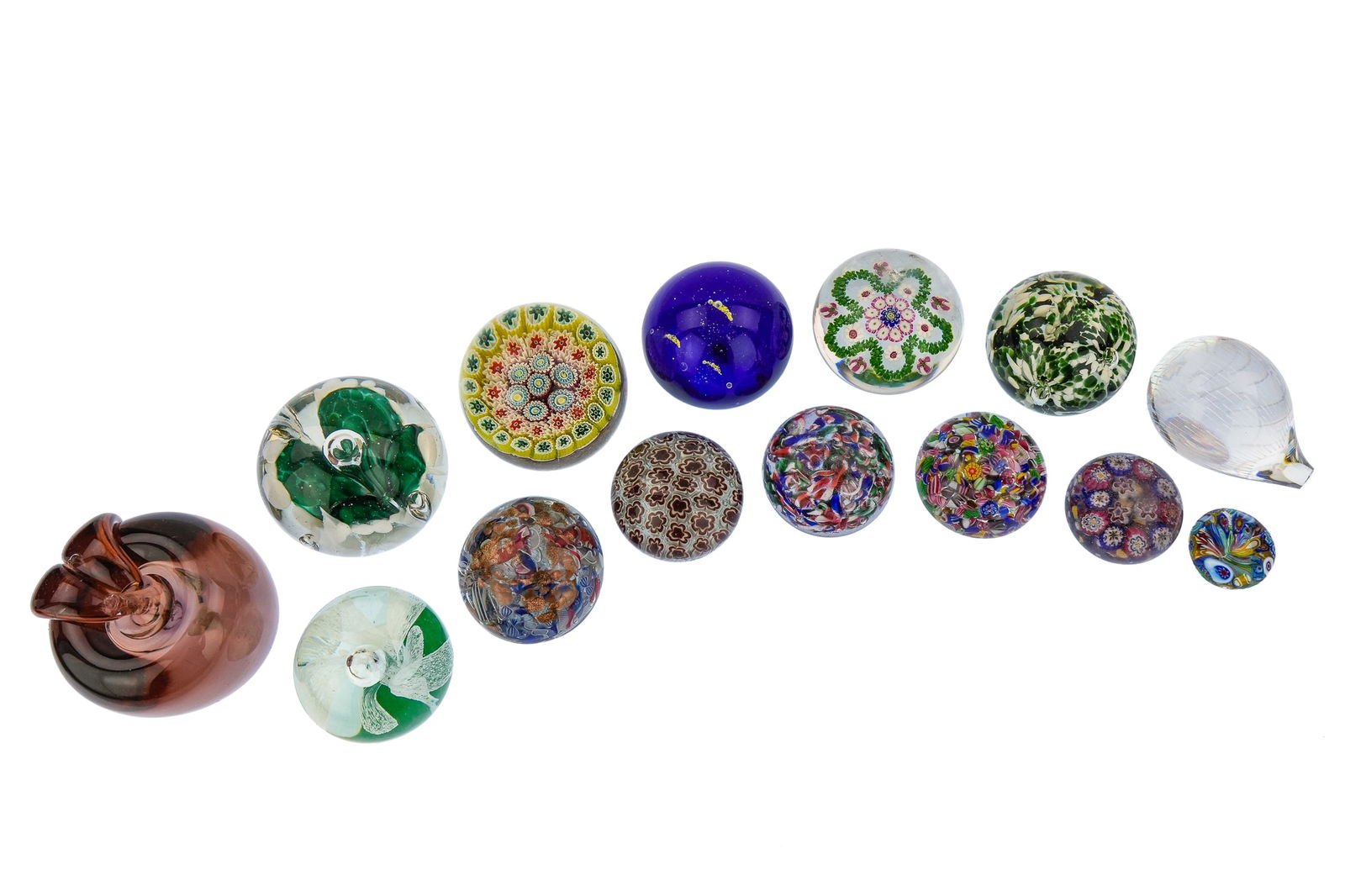 Collection of 15 Art Glass Paperweights: Collection of 15 art glass paperweights including signed Chet Cole apple, latticino 'end of day', millefiori, etc. 1.5"-4" -some with scratches, chips, nicks, imperfections