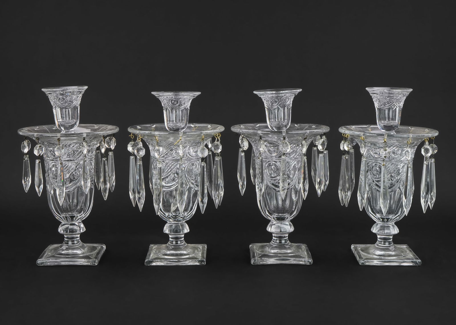 4 Heisey Ipswich 1405 Glass Luster Vases: Set of 4 Heisey "Ipswich" #1405 pattern Elegant Depression Era prizmed luster vases with removable candle holder tops, overall very good condition 10" x 5.5"