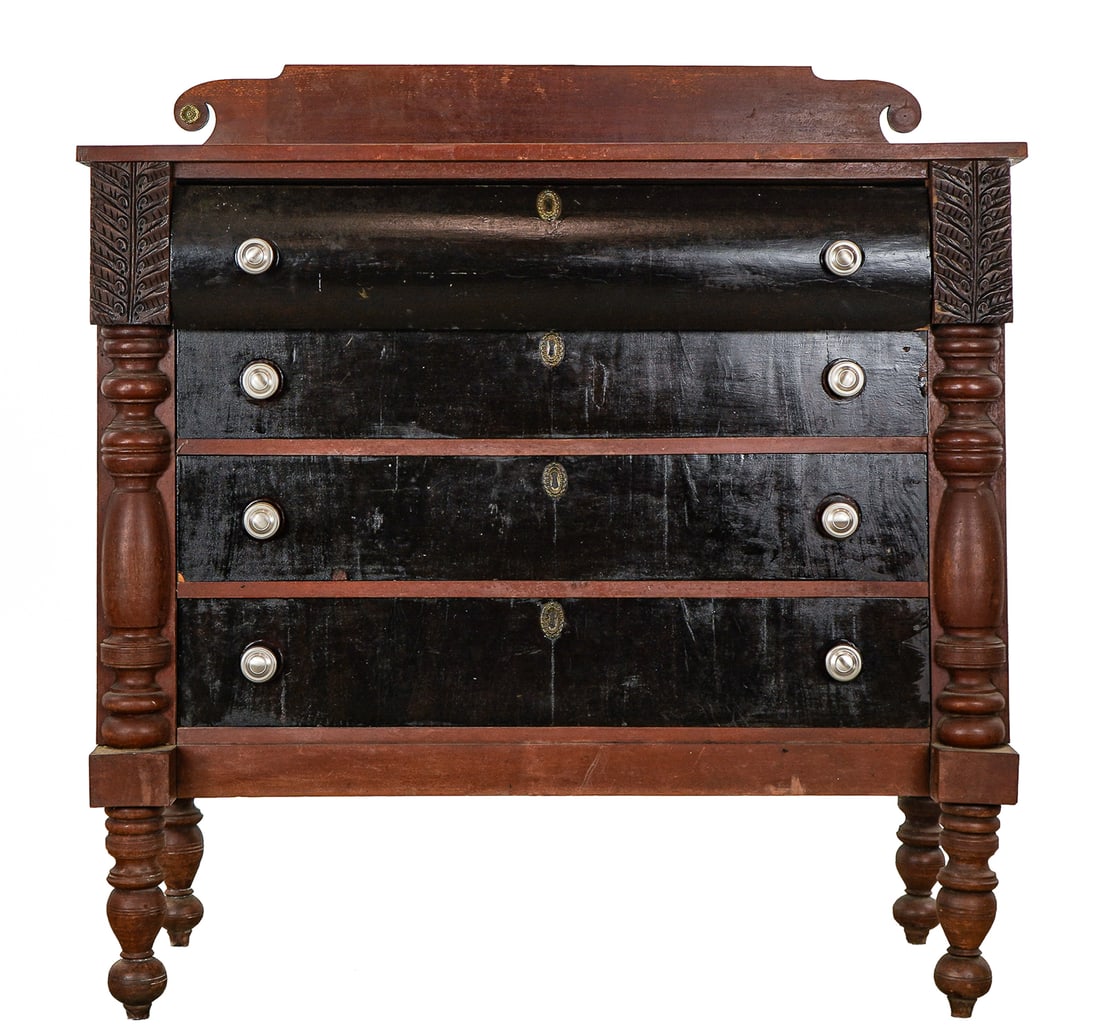 Ca. 1830 Vermont Sheraton 4 Drawer Chest: Ca. 1830 Vermont Sheraton 4 drawer chest. Red stained birch top & splash over 4 mahogany veneered drawers, original eschochons, replaced pulls, acanthus carved panels above applied half columns, on