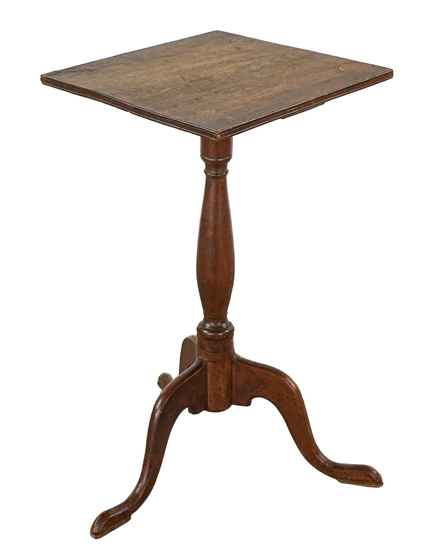 18th New Hampshire Birch Candle Stand: 18th c Queen Anne New Hampshire birch and cherry candle stand. Square 15" birch top, birch column, and cherry padded snake feet. 27" h, old surface.