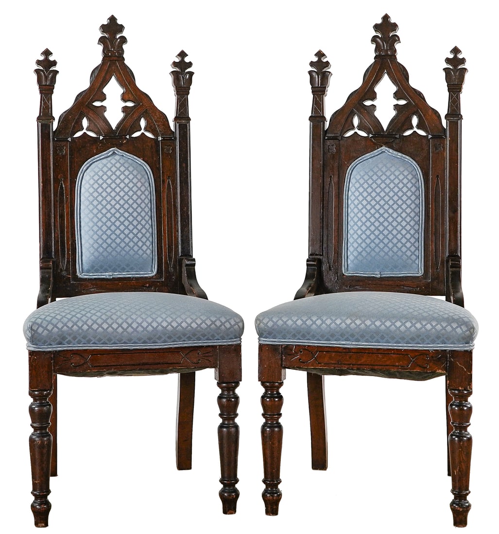 Pair of Gothic Side Chairs: A pair of 19th c Gothic Revival side oak side chairs, recovered. 48"h.