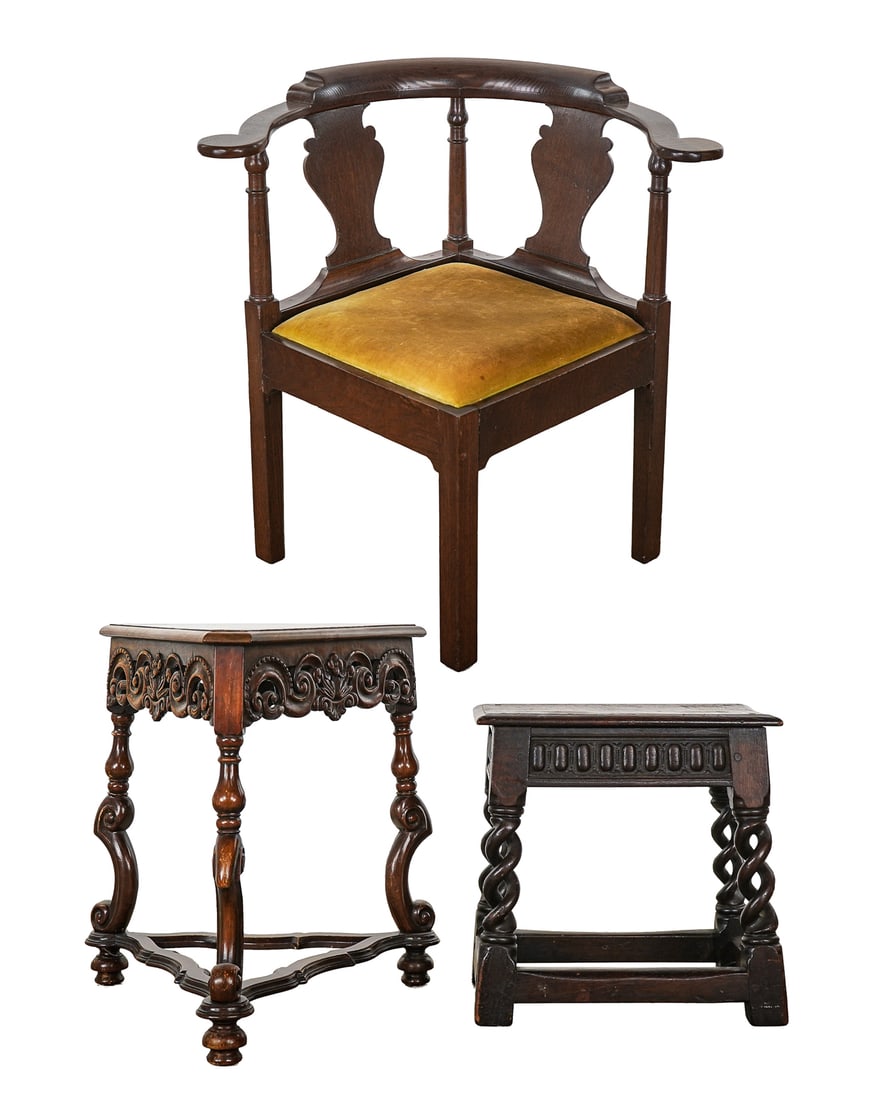 Revival Side Tables & Corner Chair: Early 20th c Revival furniture including a fine oak open barley twist stool 18"h. A walnut & burl walnut Jacobean Revival corner table 23"h. And a oak Queen Anne style corner chair with yellow velvet