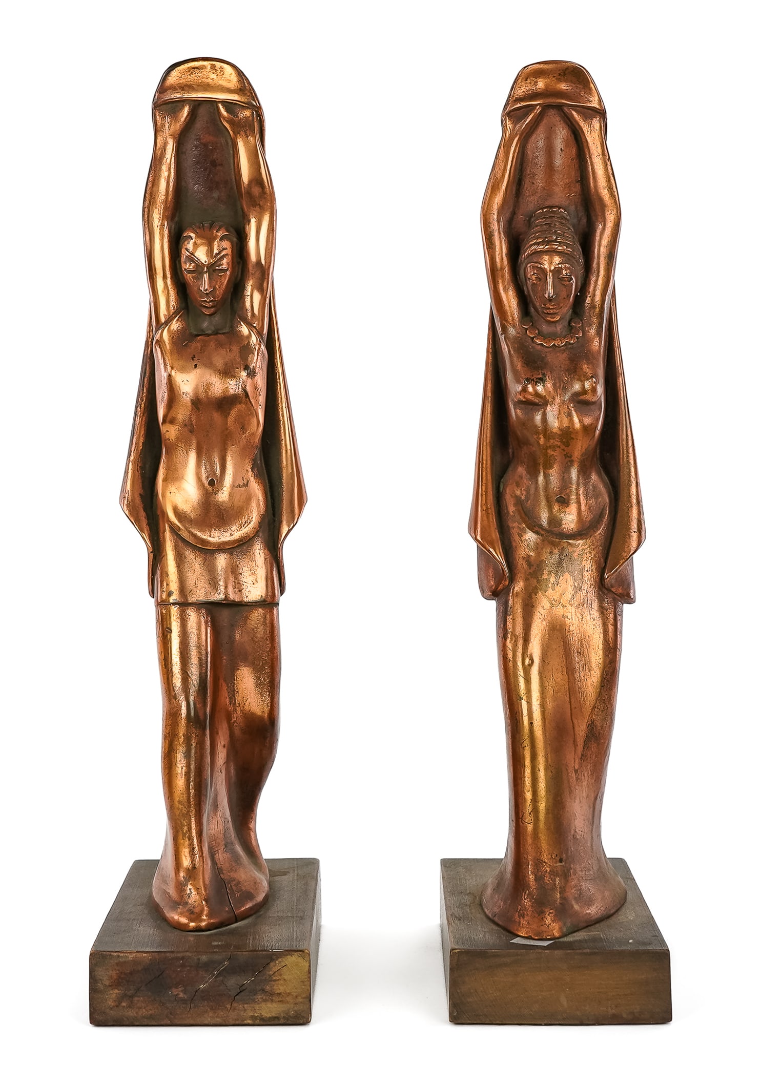 Art Deco "Le Rhythme" & "La Rhythmique" Sculptures: French Art Deco School, "Le Rhythme" and "La Rhythmique", a pair of copper-tone patinated cast metal (possibly aluminum) sculptures on wooden bases, depicting male and female dancers in tunics