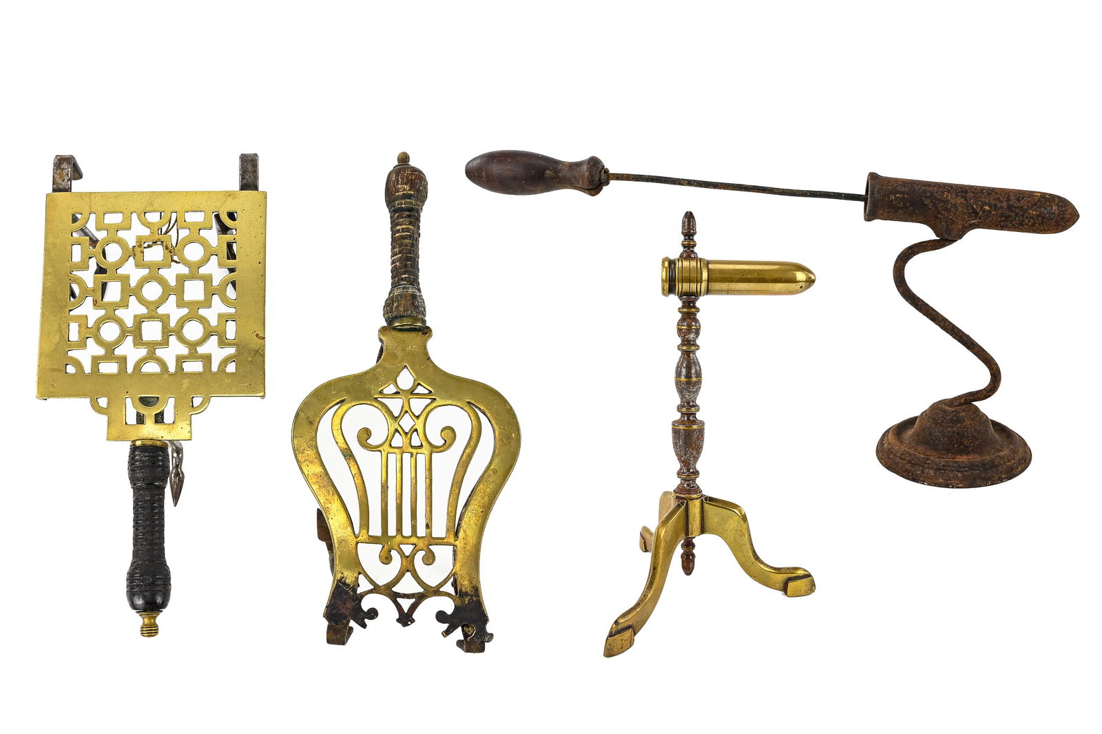 19th c Brass Trivets & Cape Cod Lighters: 19th c brass trivets and two Cape Cod lighters.