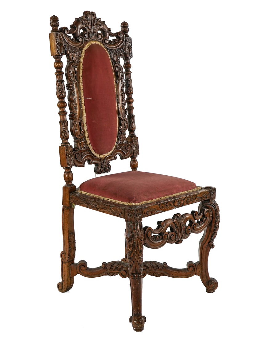 Fine Baroque Walnut Carved Side Chair: Early 20th c Baroque Revival ornate carved walnut side chair. Detailed overall acanthus carving with pink velvet seat. 48"h.