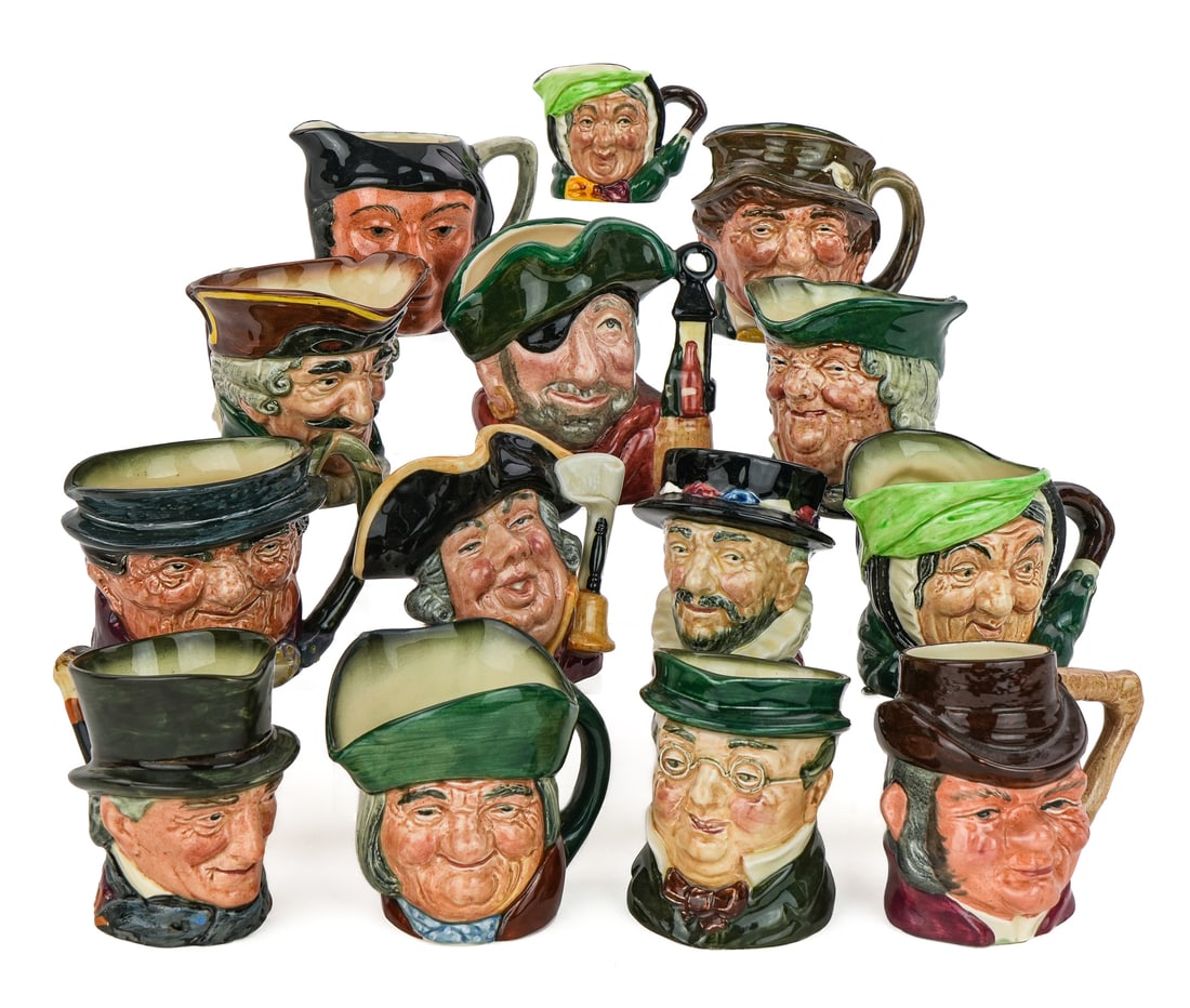 14 English Figural Toby Mugs: A group of 14 English figural toby mugs, 12 Royal Doulton, a Ridgeway, and a Sterling. 2" to 4" h. Overall good condition.