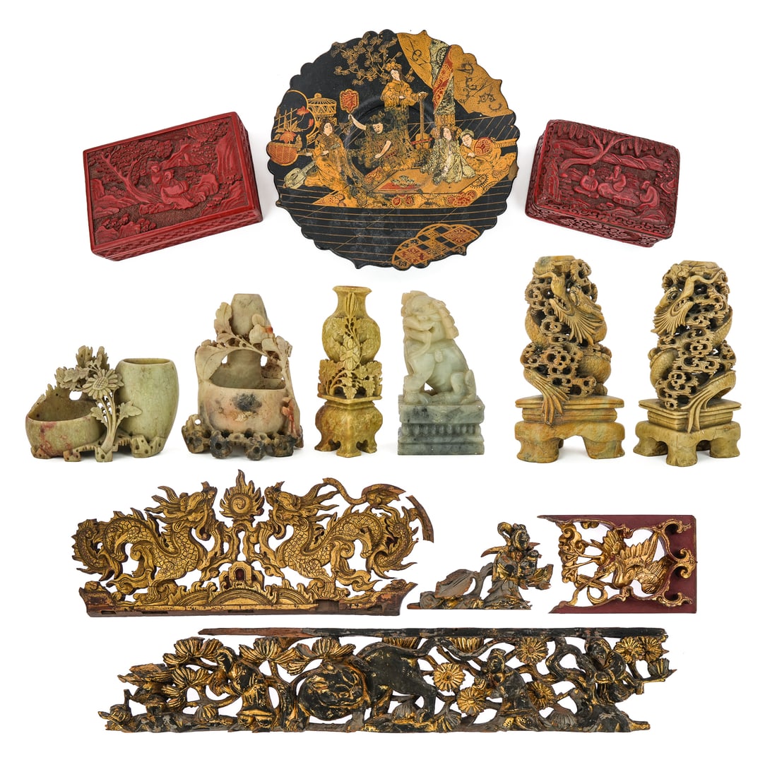 19th c Chinese & Japanese Decorative Elements: A group of 19th c Japanese decorative elements including a Chinese carved gilt wood panel section with figures & flora 5" x 24". A 8" long carved & gilt wood crane, and a gilt carved wood fragment of