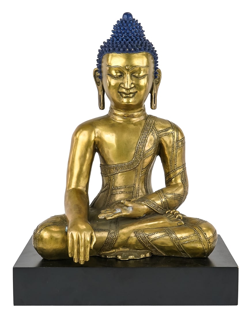 Chinese Bronze Buddha- ShijiaMoNi: 20th c brass / bronze figural Buddha of "ShijiaMoNi" on black base. 21" total height.