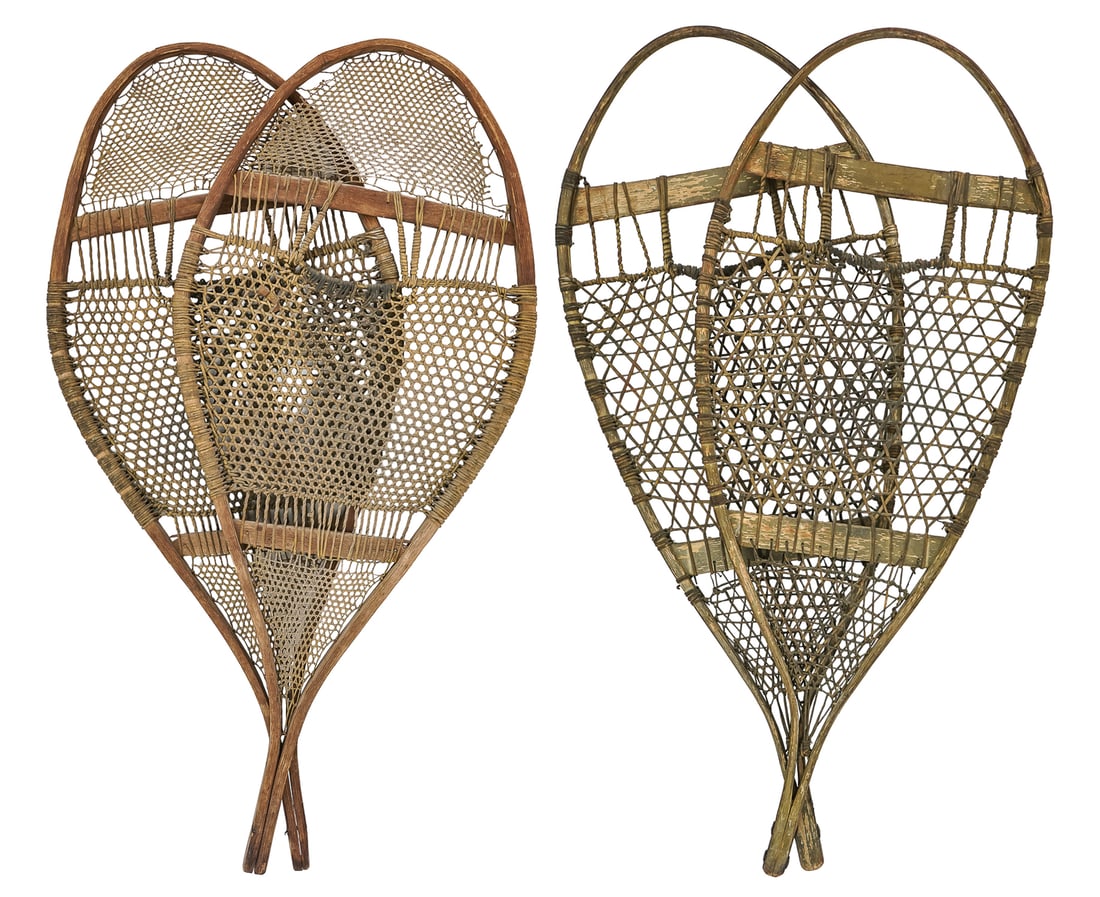 Two Pair of Athabascan Snowshoes: Two pair of early 20th c Athabascan Canadian First Nations snowshoes, including one pair of "spring thaw" snowshoes with open fronts, lengths 40", 44"