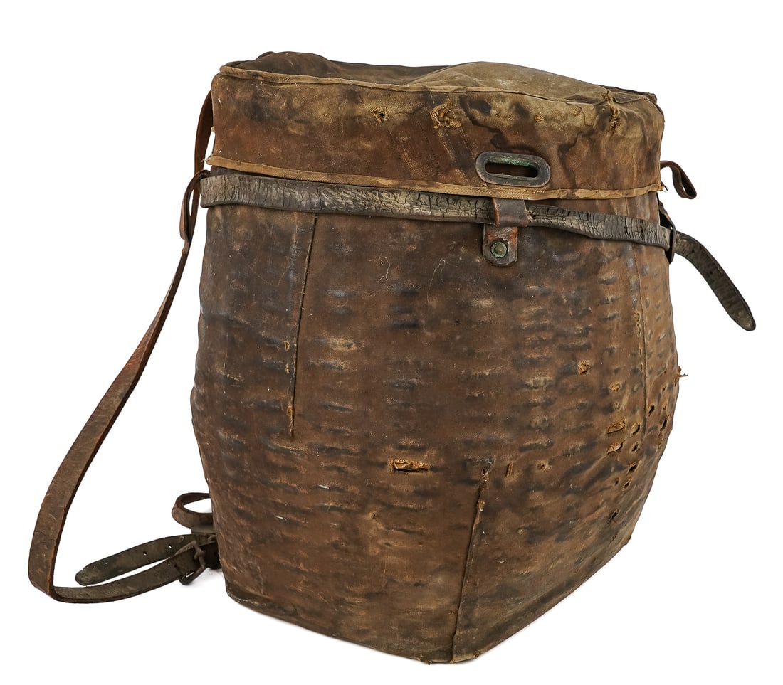 Adirondack Guide Pack Basket: Late 19th c Adirondack Guide pack basket, very sturdy, canvas and leather covering, ht 19"