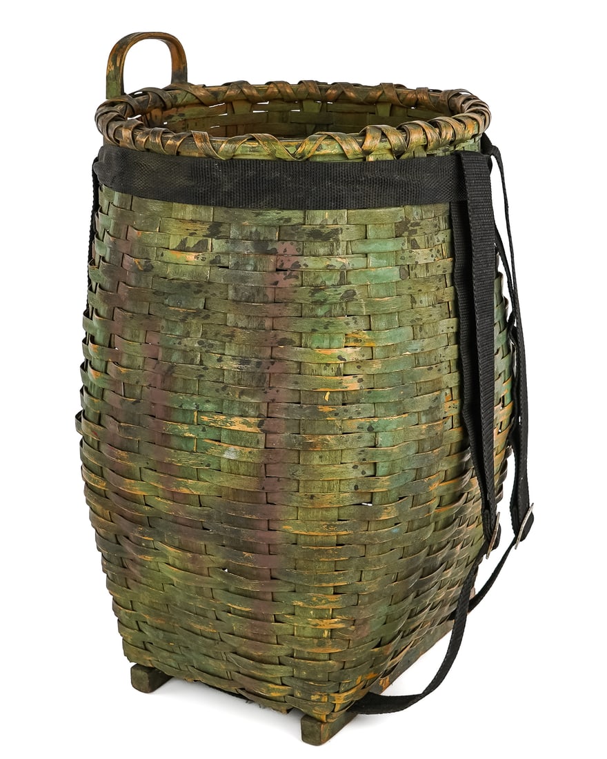 Adirondack Guide Pack Basket: Early 20th c Adirondack Guide pack basket in old paint, very sturdy, wooden slats reinforcing base, new straps, ht 21"