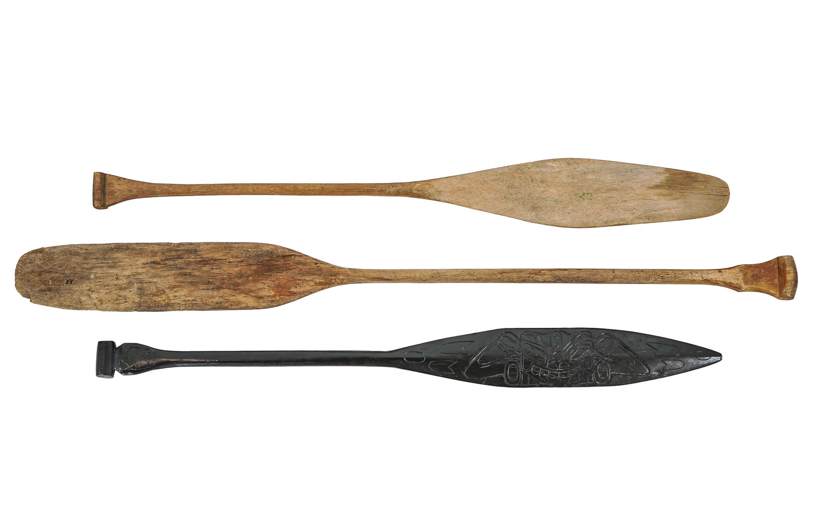 Adirondack, Native American Canoe Paddles: Three Adirondack, Native American canoe paddles, including NW Coast style, lengths 60" to 74"