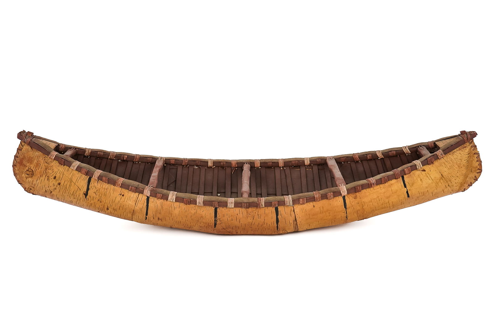 Native American Birch Bark Canoe Model: Late 20th c Native American birch bark canoe model, length 35"