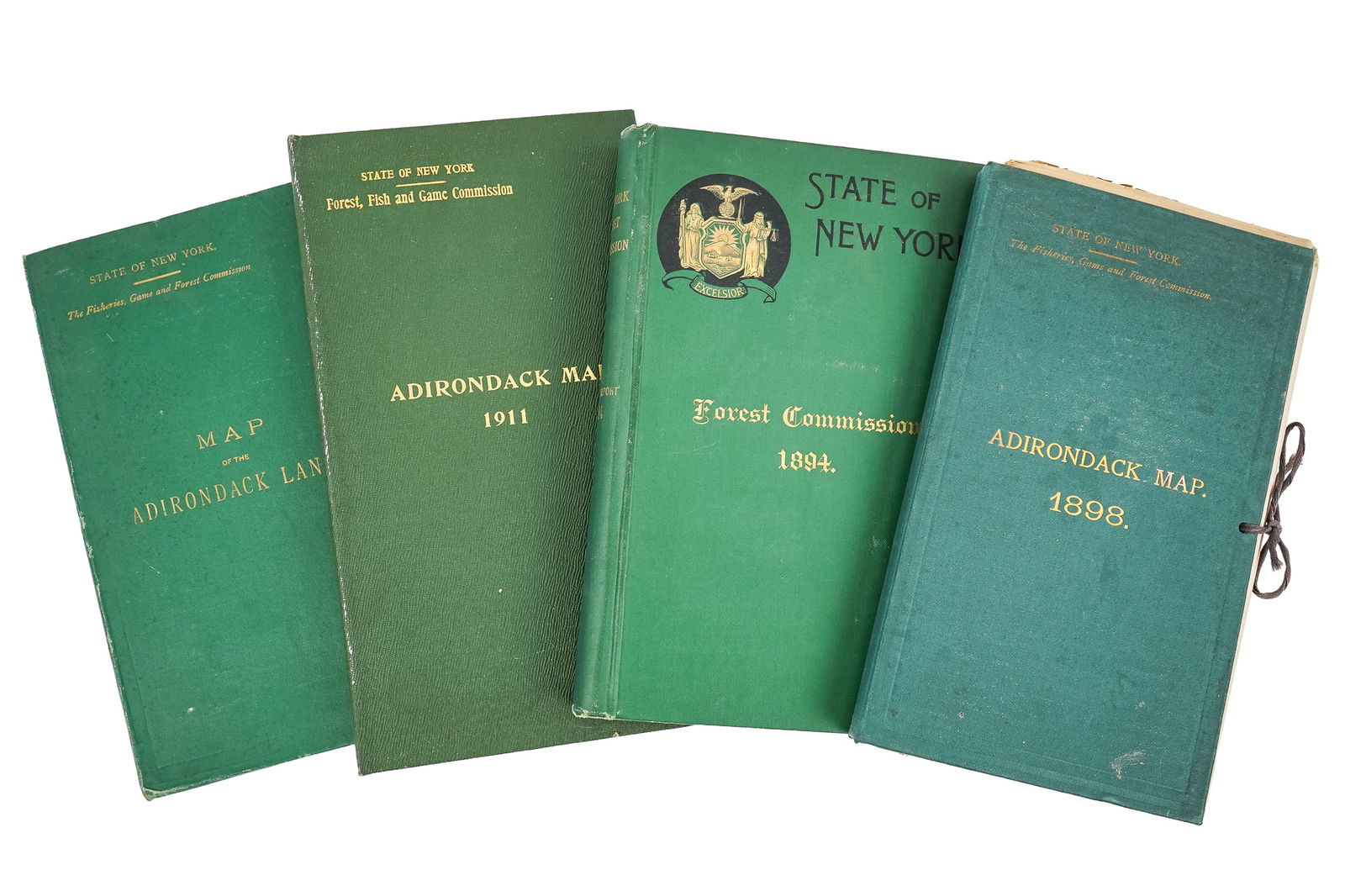 New York State Maps and Reports: rare 1893 set of NY Forest Commission maps "Map of the Adirondack Lands", 1898, 1911 Maps of the Adirondacks, each with 4 maps, in original boards, 1894 State of New York Forest Commission Report (4