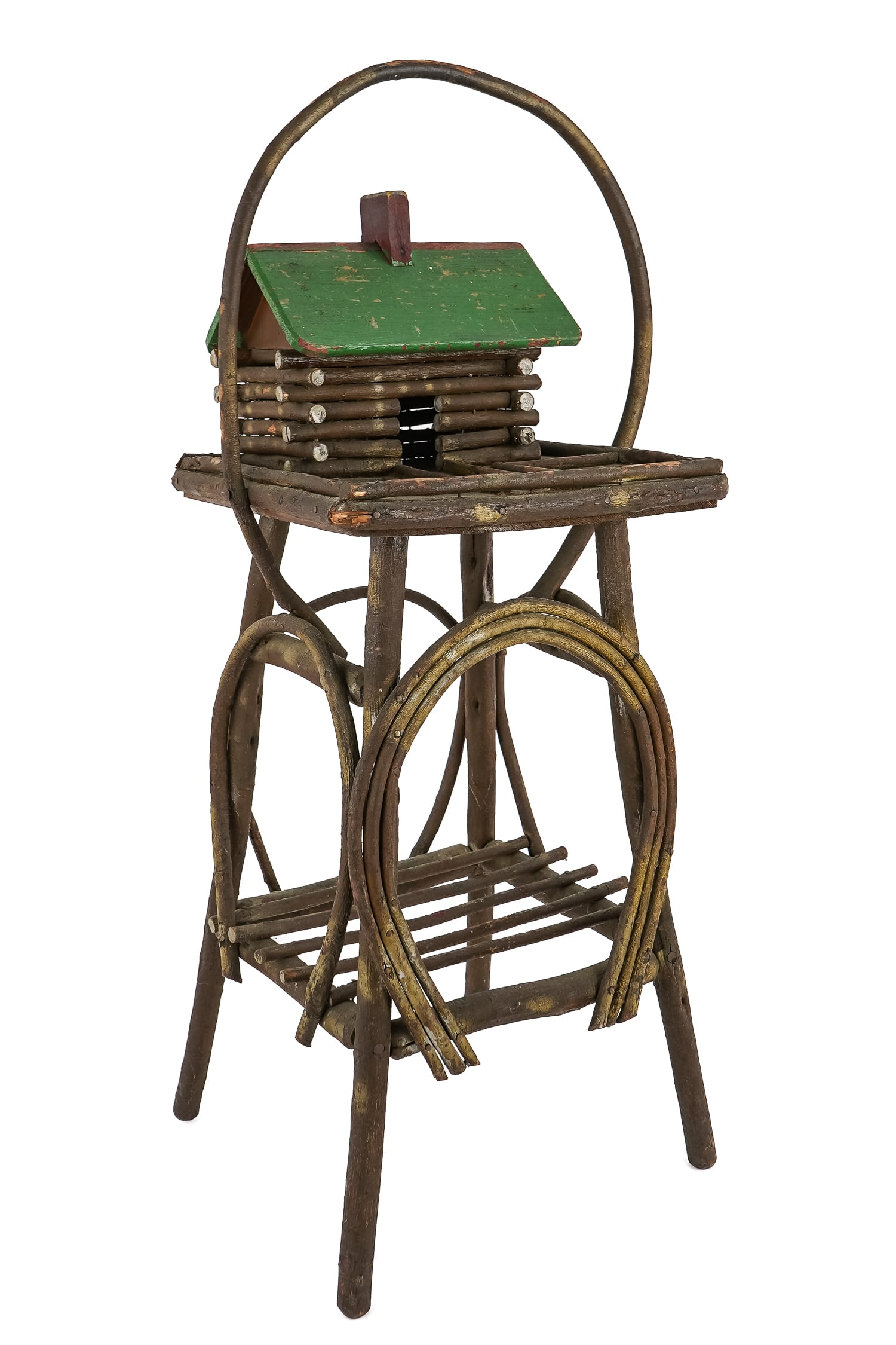 Adirondack Twig Stand with Cabin: Adirondack twig stand with cabin, complete with graffiti I Love Terry" inside lid, good age and patina, excellent condition, ht 30"