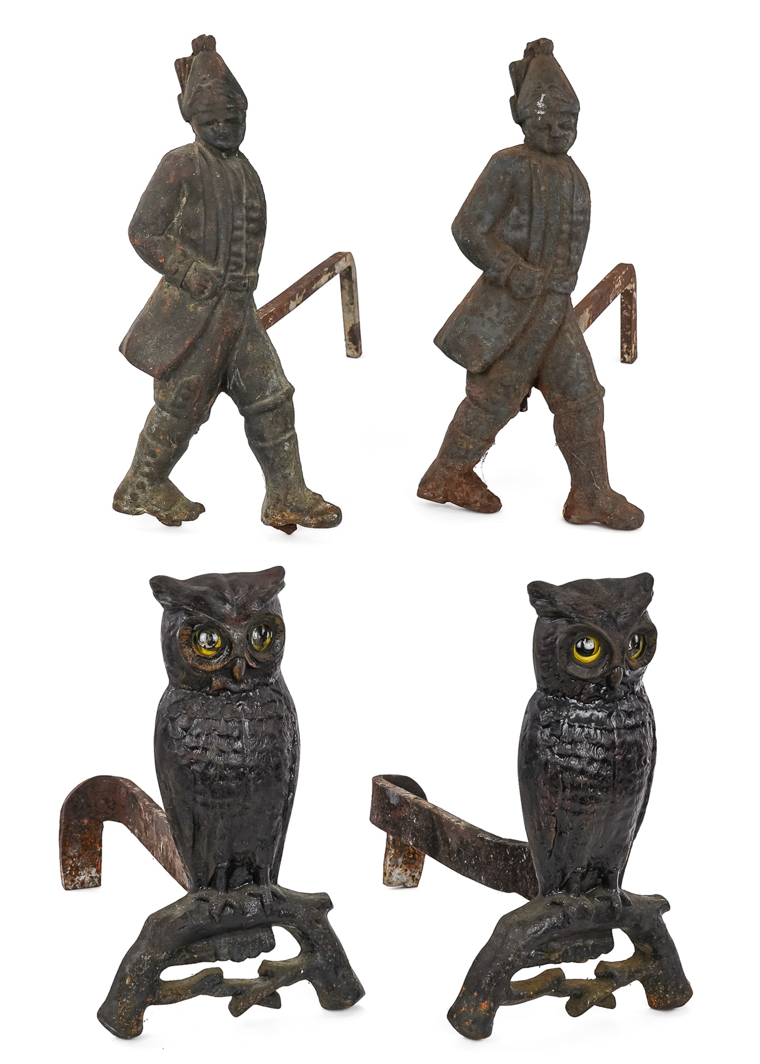 Owls, Hessian Soldiers Cast Iron Andirons: Two pair of cast iron andirons- Hessian soldiers, ht 17", depth 20", owls with glass eyes, marked P S & Co (Peck, Stow, & Wilcox- CT & OH) one pr of glass eyes damaged, ht 15 1/2", depth 19"