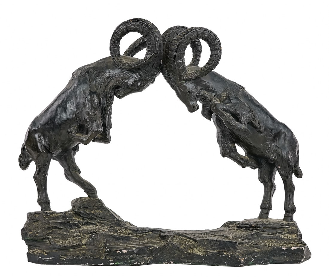 1981 Plaster Sculpture of Two Rams: 1981 Austin productions sculpture of two Mountain Rams fighting, Durastone, some chips, length 21", ht 17 1/2"