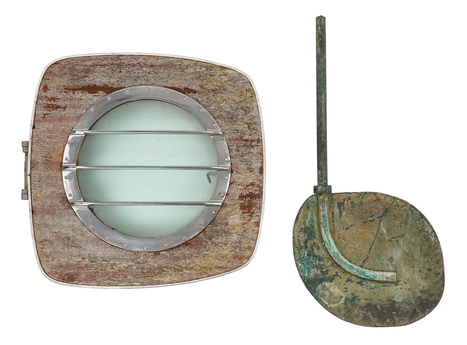 Porthole Window, Bronze Rudder: Chris Craft Porthole window, 23" x 23 overall, sold with a bronze rudder, length 31" (please note rudder is very heavy)