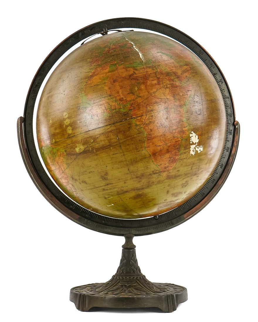 Large 1924 Denoyer World Globe: Large 1924 Denoyer-Geppert Chicago 16" World Globe, some damage, cracking, minor losses, ht 25"